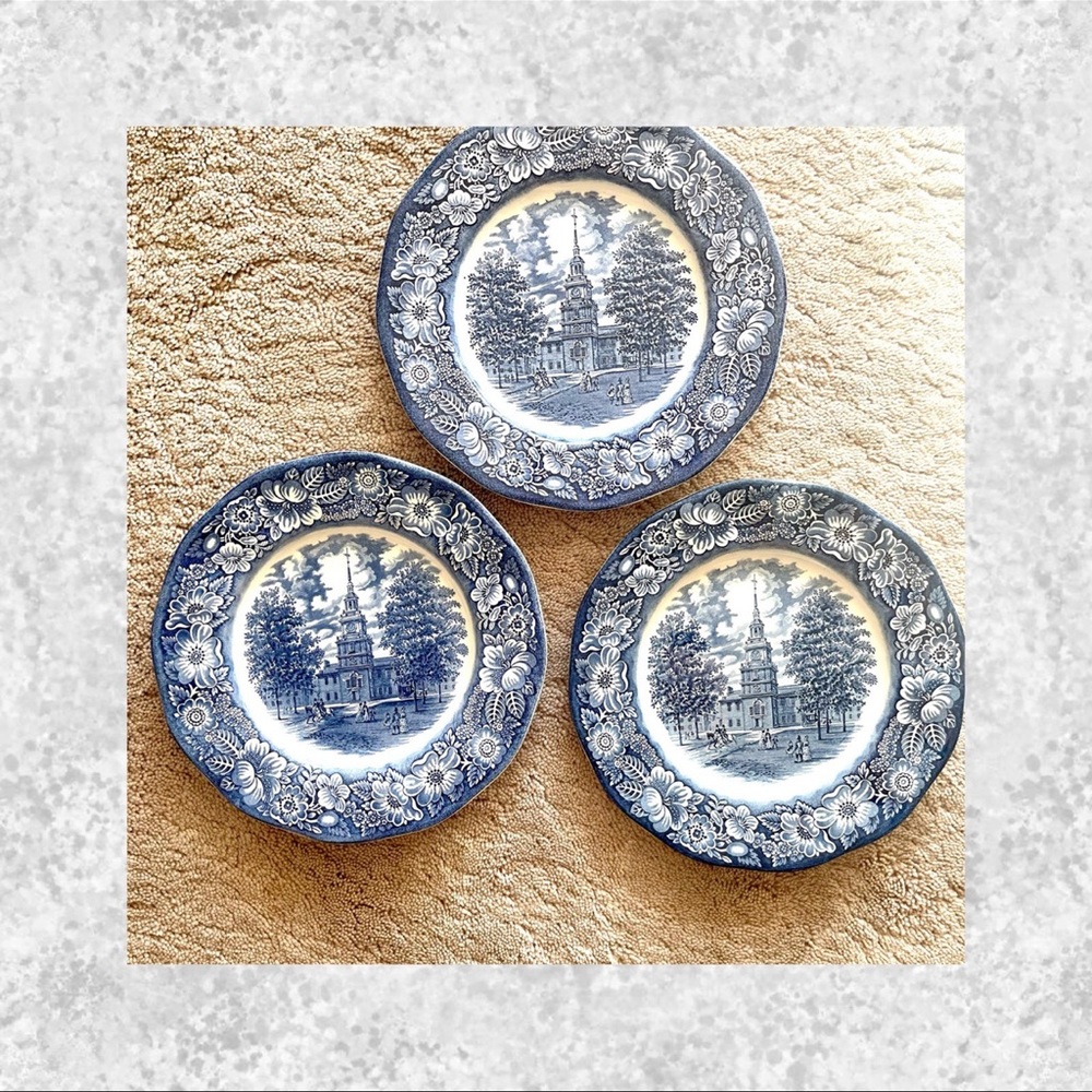 Liberty Blue Independence Hall Dinner Plates Ironstone Staffordshire England